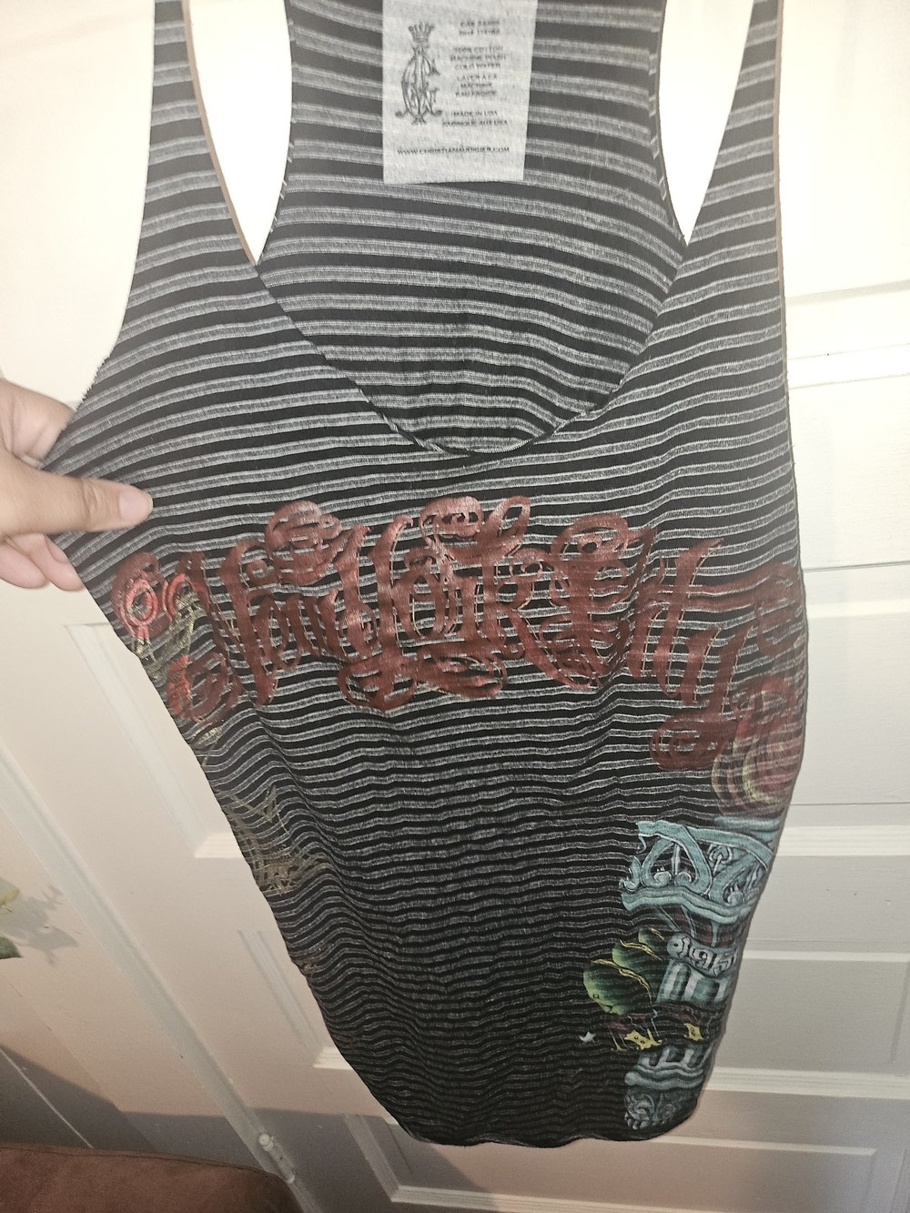 vintage Y2K-era Christian Audigier striped racerback tank top (Size M).